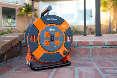 Image showing 8 th Link2Home 80 ft. Indoor/Outdoor Heavy-Duty High-Visibility Extension Power Cord Reel, 4 Outlets, 14 AWG SJTW