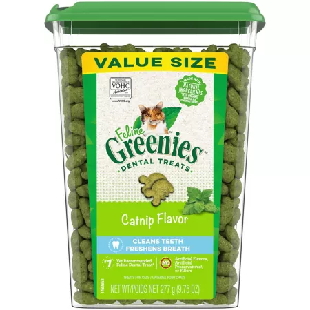 Greenies Catnip Flavored Adult Cat Treats Natural Dental Care 9.75 oz Tank Cat Crunchy Treats