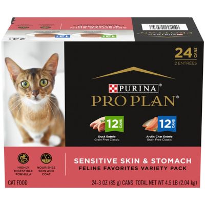Purina Pro Plan Focus Adult Sensitive Skin and Stomach Duck and Arctic Char Wet Cat Food Variety Pack, 3 oz. Can, Pack of 24