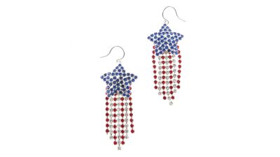 Buddy G's Patriotic Rhinestone Star with Shaky Fringe Drops Earrings, Red/White/Blue