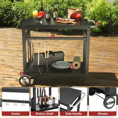 Image showing  Double Shelf Movable Dining Cart Work Table with Handle Outdoor Kitchen Prep Trolley Storage, PC3401B