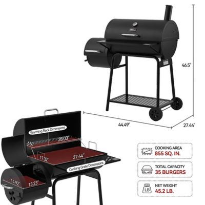 Image showing  Barrel Charcoal Grill with Offset Smoker and Front and Bottom Shelves, 811 sq. in., Black