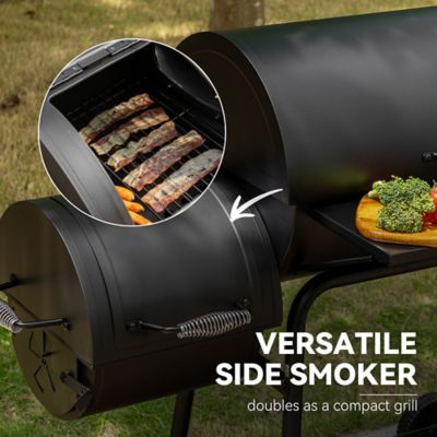 Image showing  Barrel Charcoal Grill with Offset Smoker and Front and Bottom Shelves, 811 sq. in., Black