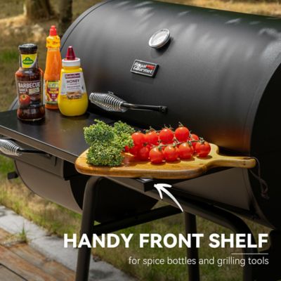 Image showing  Barrel Charcoal Grill with Offset Smoker and Front and Bottom Shelves, 811 sq. in., Black