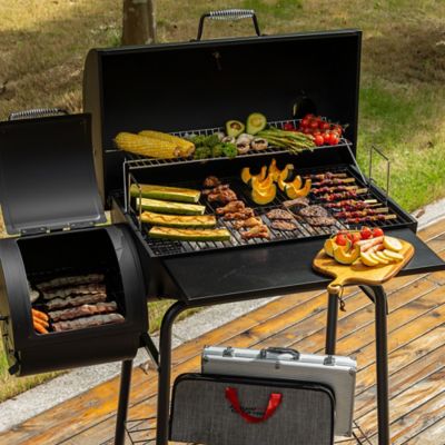 Image showing 8 th Royal Gourmet Barrel Charcoal Grill with Offset Smoker and Front and Bottom Shelves, 811 sq. in., Black