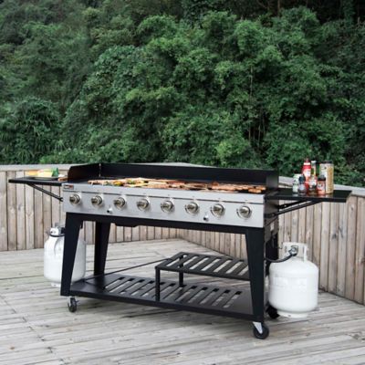 Image showing  8-Burner Propane Gas Flat Top Grill with Side Tables and Slatted Bottom Shelves, 993 sq. in., Black
