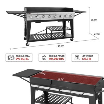 Image showing  8-Burner Propane Gas Flat Top Grill with Side Tables and Slatted Bottom Shelves, 993 sq. in., Black