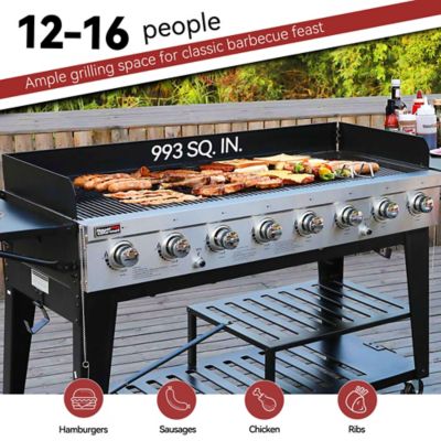 Image showing  8-Burner Propane Gas Flat Top Grill with Side Tables and Slatted Bottom Shelves, 993 sq. in., Black