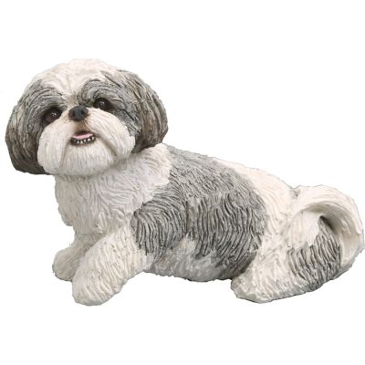 Sandicast Mid-Size Silver and White Shih Tzu Dog Sculpture, 5 in. x 2 in. x 3.5 in.