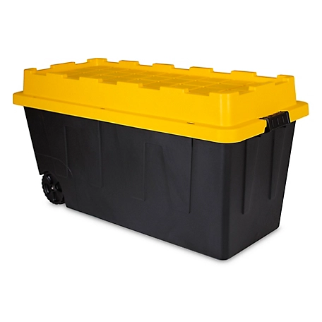 Centrex Tough Box Tote, Black with Wheels and Yellow Lid, 20 gal