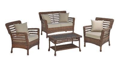 W Unlimited 4 pc. Modern Concept Faux Sea Grass Resin Rattan Conversation Set, Includes 1 Loveseat, 2 Armchairs, 1 Coffee Table