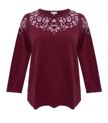 Ribbon Heart Women's Long-Sleeve French Terry Embroidered Knit Top