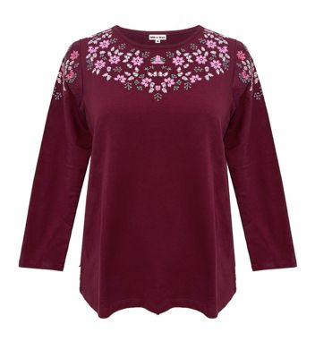 Ribbon Heart Women's Long-Sleeve French Terry Embroidered Knit Top