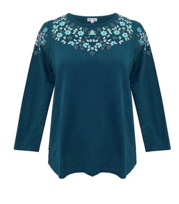 Ribbon Heart Women's Long-Sleeve French Terry Embroidered Knit Top
