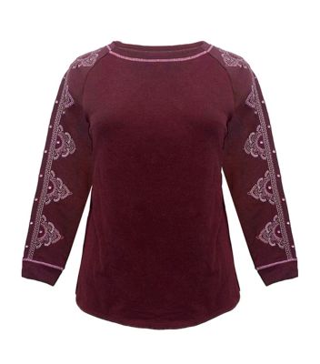 Ribbon Heart Long-Sleeve Mirror Embellished Raglan French Terry Knit Top