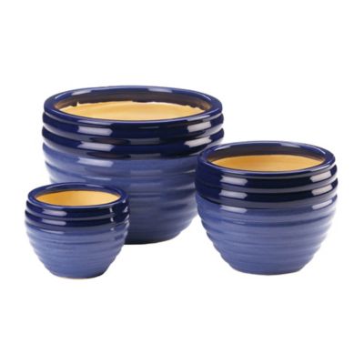 Zingz Home Ceramic Duo-Tone Garden Planter Trio Set, Blue