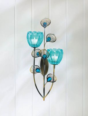 Image showing  14.25 in. Peacock Blossom Duo Cup Candle Wall Sconce