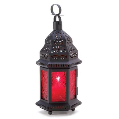 Zingz Home Red Glass Moroccan Lantern, 4.5 in. x 3.75 in. x 10.25 in.
