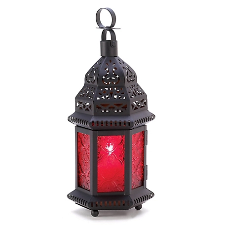 Design Imports Red Glass Moroccan Lantern, 4.5 in. x 3.75 in. x 10.25 in.