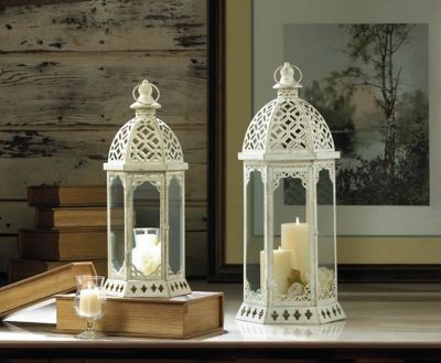 Image showing  Graceful Distressed Small White Lantern, 6.75 in. x 6 in. x 15.75 in.
