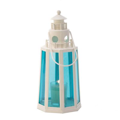 Design Imports Ocean Blue Lighthouse Candle Lamp, 5 in. x 5 in. x 10 in.