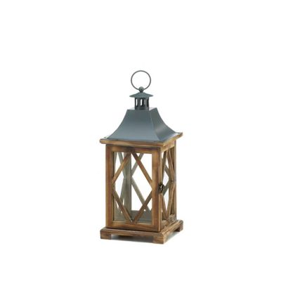 Design Imports Wooden Diamond Lattice Lantern, Pine Wood, Iron, Glass