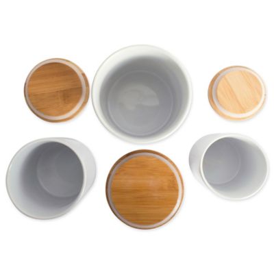 Image showing  Coffee/Sugar/Tea Ceramic Canister Set, Natural Bamboo Lid