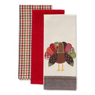Image showing  Assorted Fall Turkey Embroidered Dish Towel Set, 18 in. x 28 in., 3 pc.