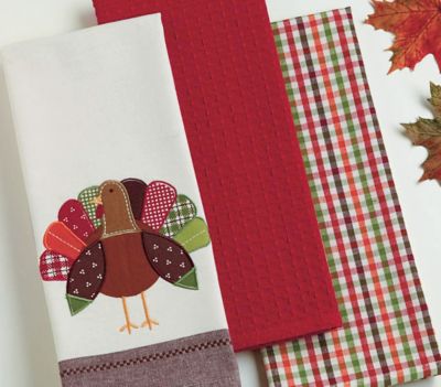 Image showing  Assorted Fall Turkey Embroidered Dish Towel Set, 18 in. x 28 in., 3 pc.