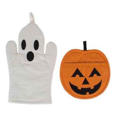 Zingz & Thingz Ghost Oven Mitt and Jack-O-Lantern Pot Holder, 6.5 in. x 12 in. Oven Mitt, 8 in. x 8.5 in. Pot Holder