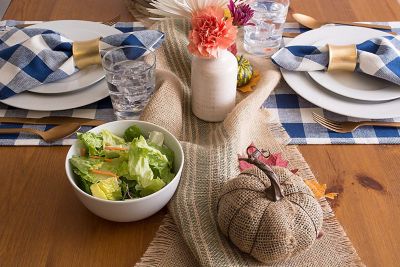 Image showing  Middle Striped Burlap Table Runner, 14 in. x 72 in., Compatible with Tables that Seat 4-6 People