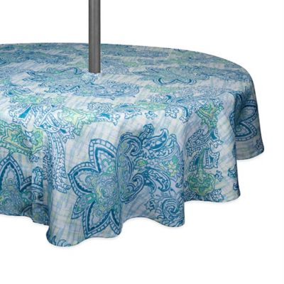 Zingz & Thingz Blue Watercolor Paisley Print Round Outdoor Tablecloth with Zipper, 60 in., Fits Tables That Seat 4-8