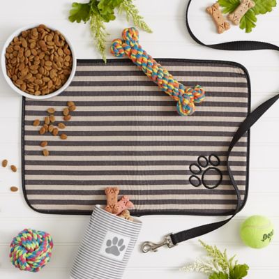 Image showing  Striped Natural Fiber Embroidered Paw Pet Door Mat, Brown