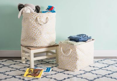 Image showing  Dots Gold Rectangle Polyester Bin, 16 in. x 10 in. x 12 in.