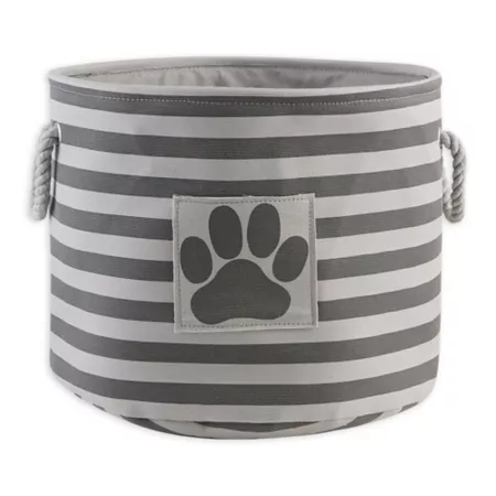 Zingz & Thingz Round Striped Polyester Storage Bin with Paw Patch for Pets 12 x 15 x 15 in Gray Pet Toy Boxes