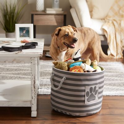 Image showing 6 th Bone Dry Striped with Paw Patch Round Polyester Pet Storage Bin, 12 x 15 x 15in., Gray