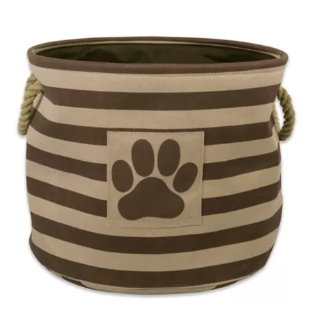 Zingz & Thingz Round Striped Polyester Storage Bin with Paw Patch for Pets 12 x 15 x 15 in Brown Pet Toy Boxes