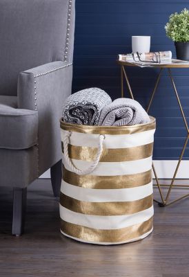Image showing  Striped Round Paper Bin, Gold/White