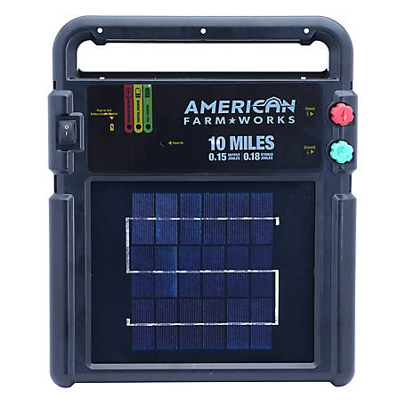 American Farm Works 0.15 Joule 10-Mile Solar-Powered Electric Fence Energizer, TSC Exclusive Battery Monitor, Post Mount
