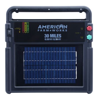 American Farm Works 0.5 Joule 30-Mile Solar-Powered Fence Energizer, TSC Exclusive Battery Monitor, Post Mount