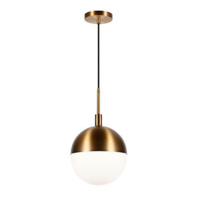 Hudson&Canal Orb Globe Frosted Glass Pendant Light, 8 ft. Polyester Weave Cord, Brass