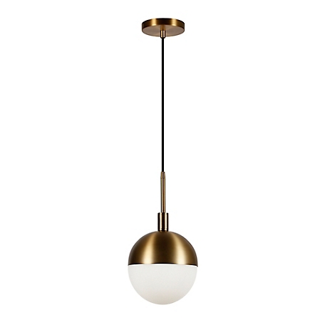 Hudson&Canal Orb Globe Frosted Glass Pendant Light, 8 ft. Polyester Weave Cord, Brass