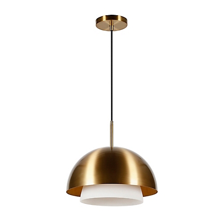 Hudson&Canal Rhett Metal and Frosted Glass Pendant Light, 8 ft. Polyester Weave Cord, Brass/White