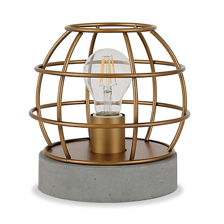 Hudson&Canal Kennet Table Lamp with Antique Brass Cage and Concrete Pedestal, 6 ft. Cord