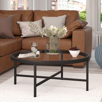 Image showing 7 th Hudson&Canal Sivil Round Coffee Table with Tempered Glass Top, Blackened Bronze