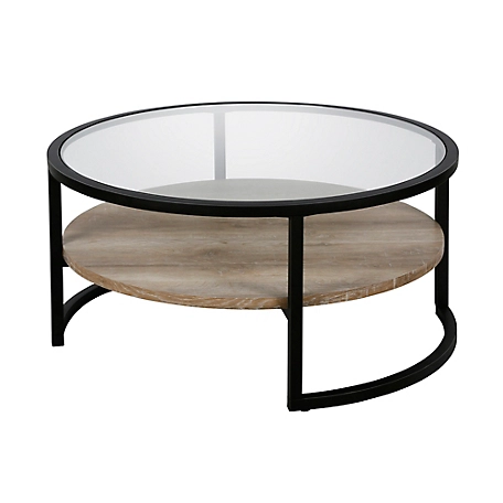 Hudson&Canal Winston Blackened Bronze Round Coffee Table with Limed Oak Shelf