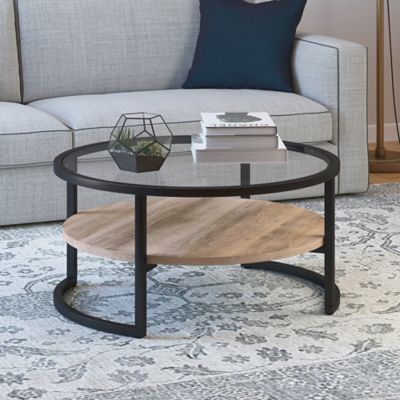 Image showing  Winston Round Coffee Table with Limed Oak Shelf, Blackened Bronze