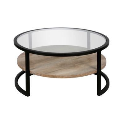 Image showing  Winston Round Coffee Table with Limed Oak Shelf, Blackened Bronze