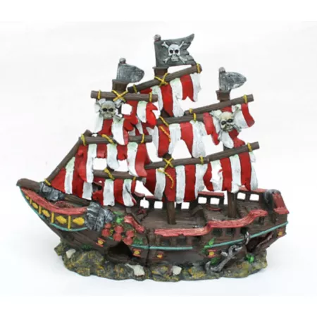 Penn-Plax Striped Pirate Ship Aquarium Ornament with Bow and Stern Medium Aquarium Decor