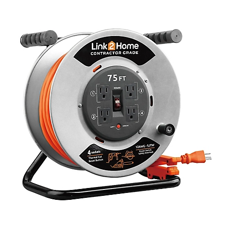 Link2Home 75 ft. Contractor-Grade Heavy-Duty High-Visibility Power Reel Extension Cord with 4 Power Outlets